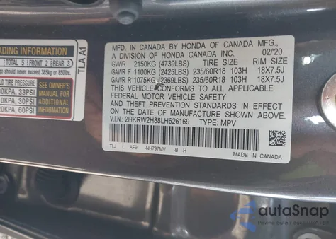 2020 Honda Cr-V Awd Ex-L from USA, damaged, VIN 2HKRW2H88LH626169